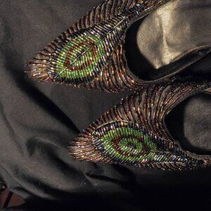 Beaded Peacock Design Pointed-Toe Mules